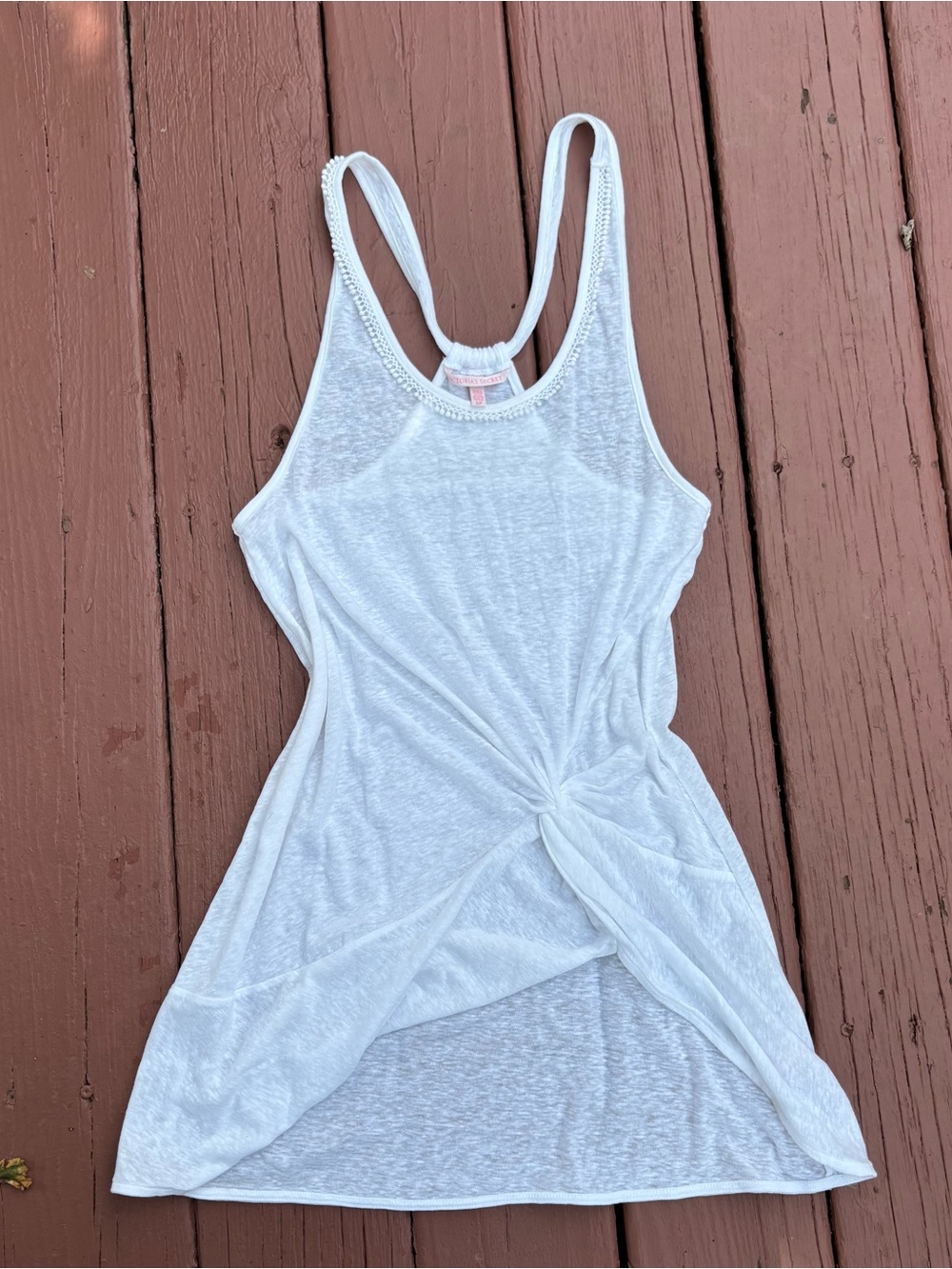 Victoria's Secret White Racerback Tank Cover up with Pom Trim S